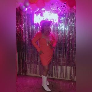 Fashion Nova Coral Dress with White Boots